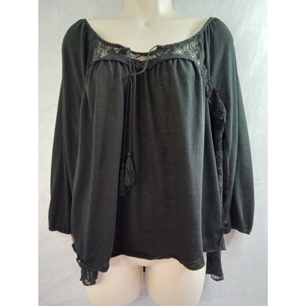 Unbranded‎ Womens Medium Black Lace 3/4 Sleeve pleated lightweight Blouse